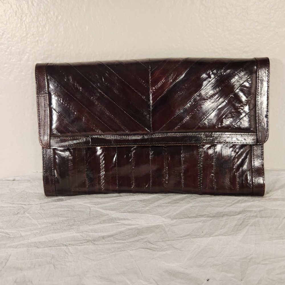 Vintage Dark Rich Chocolate Brown EEL Skin Convertible Clutch Bag Purse Korea